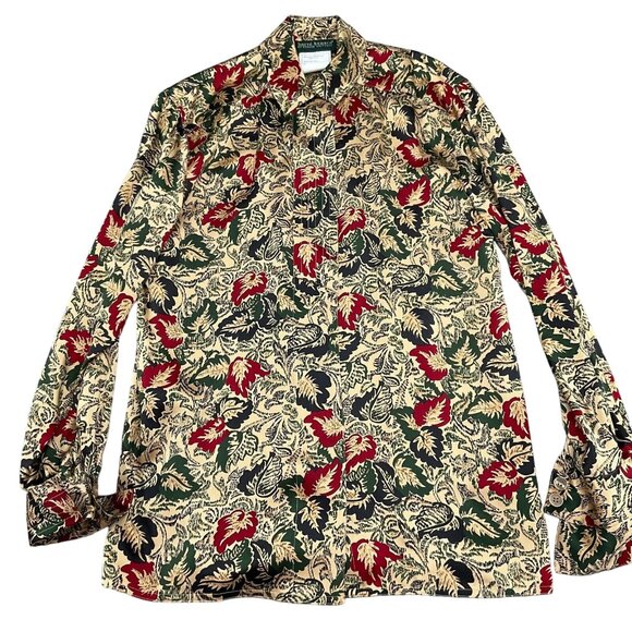 Harve Benard Blouse Women 6‎ Tan Red Leaf Floral Retro Secretary Liquid Silk 80s - Picture 1 of 11